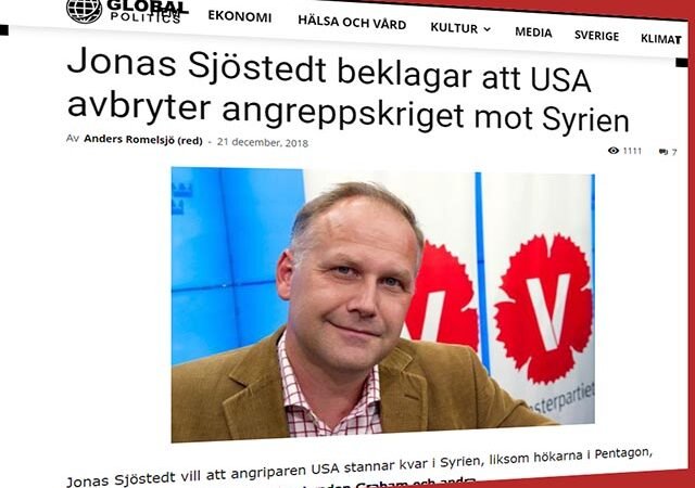 Jonas Sjöstedt (v) i samma sällskap som ”Krigshunden” James Mattis som beklagar att Trump lämnar Syrien
