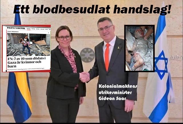 Maria Stenergards (m) blodbesudlade handslag i Tel Aviv