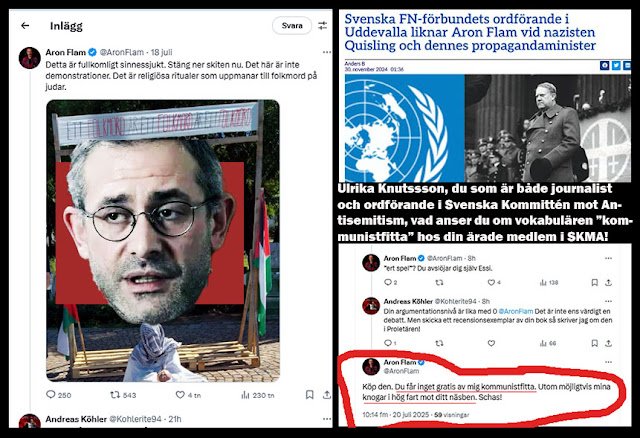 ”Kommunistfitta” och hot om en knytnäve, svarar Aron Flam, folkmordets främste försvarare i Sverige sin kritiker i X